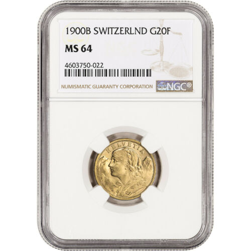 1900 B Switzerland Gold 20 Francs - NGC MS64