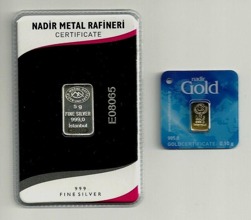 Tenth (1/10) Gram Gold Bar and 5 Gram Silver Bar Combo / Sealed & Certified