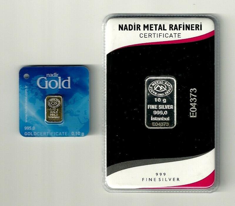 Tenth (1/10) Gram Gold Bar and Ten 10 Gram Silver Bar Combo / Sealed & Certified