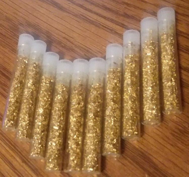 10 VIALS OF GOLD LEAF FLAKES, BEAUTIFUL YELLOW LUSTER, CAP SEALED,  NO LIQUID