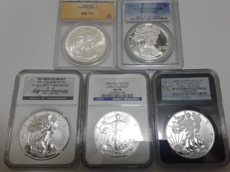1986-2006-2013 American Silver Eagle ALL FINISH 5-COIN SET ALL GRADED 70 ! *