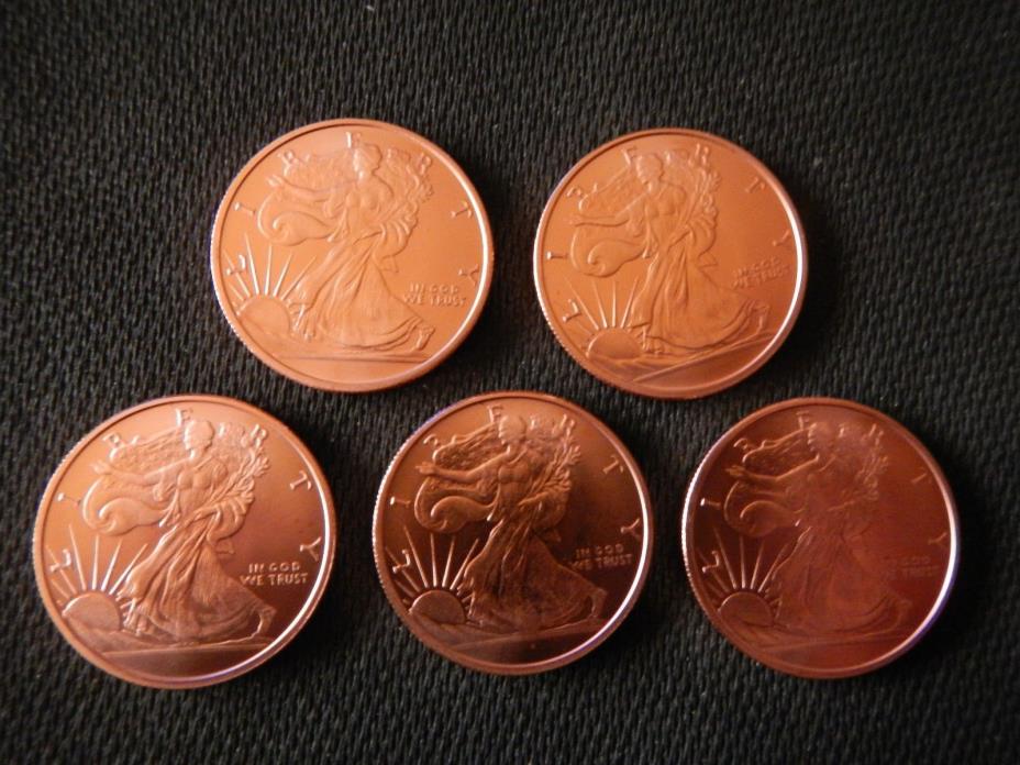 5 Walking Liberty 1/2 oz .999 Fine Copper Rounds Freshly Minted