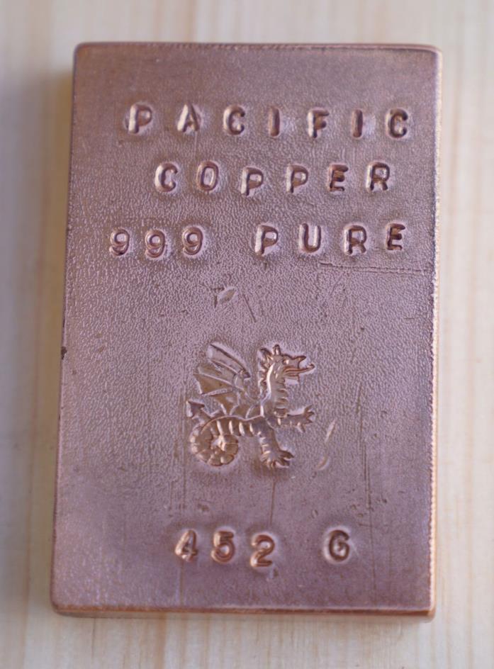 Pure Copper 999 Fine bar bullion 452 Gram