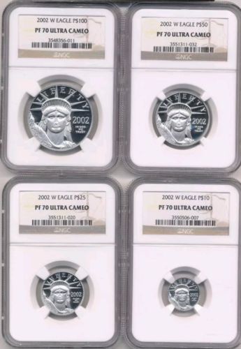 2002  Platinum Proof Eagle 4 coin set graded NGC PF70 PERFECT $10 $25 $50 $100