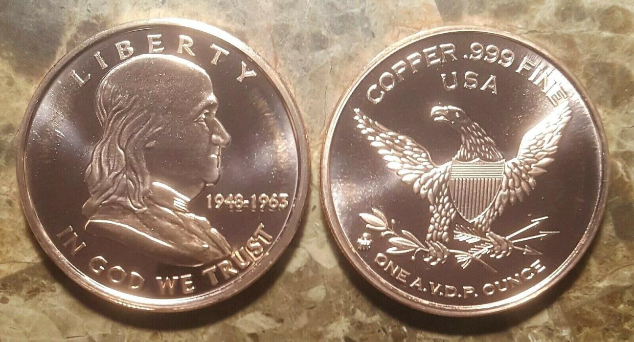Ben Franklin 1oz. Pure Copper Bullion Round!!