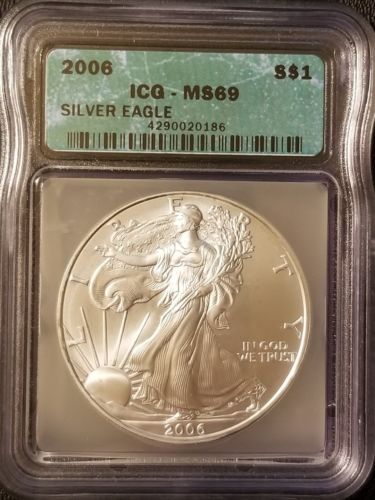 2006 $1 Silver Eagle ICG MS69 Green Label 99.9% Fine Silver