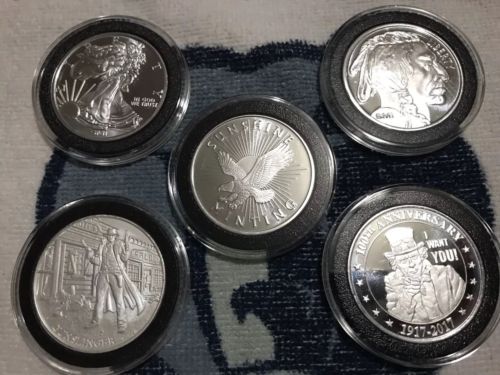 Lot Of 5 Different 1oz BU .999 Silver Rounds In Premium Capsules.Ship Free!!!