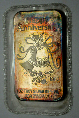 Rare 1983 Happy Anniversary 1 OZ .999 Fine Silver Art Bar NATONAL Mint , Sealed!