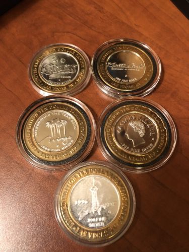 LOT OF 5 LAS VEGAS CASINO SILVER STRIKE 999 FINE SILVER $10 GAMING TOKENS