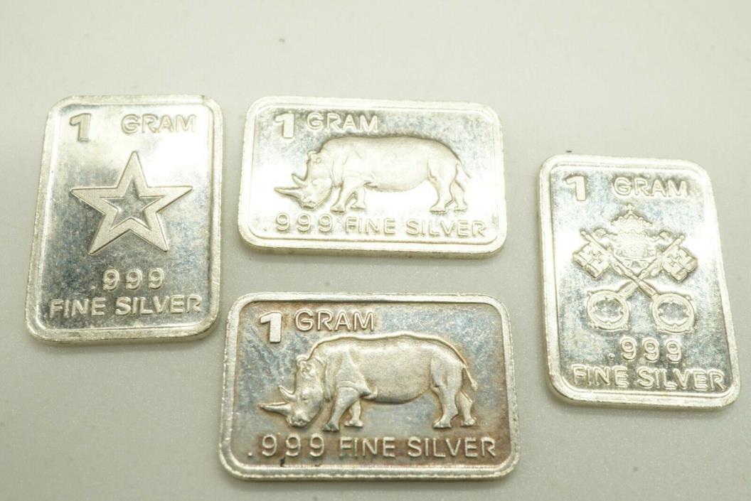 .999 Fine Silver Bullion Four One Gram Art Bars  / Rhino / Star / Key & Crown