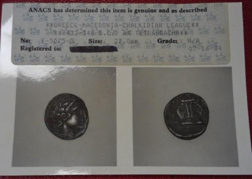 ANCIENT GREEK COIN***432-348 BC AR TETRADRACHM GREECE~MACEDONIA~CHALKIDIAN ANACS