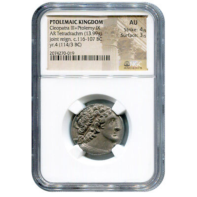 Ptolemaic Kingdom Silver Tetradrachm Cleopatra III/Ptolemy IX 116-107 BC AU NGC