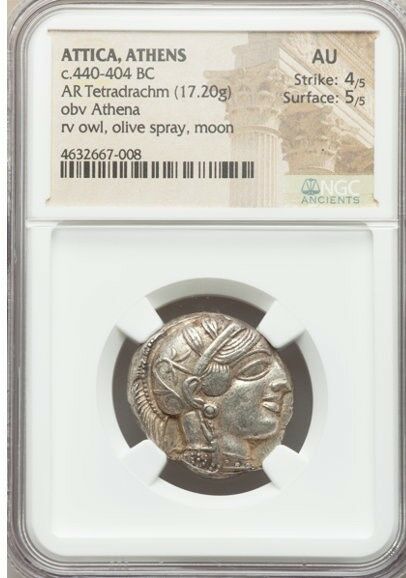 Attica, Athens Silver Tetradrachm Owl (440-404 BC) AU 4/5-5/5
