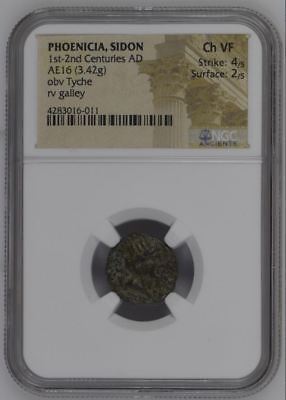 NGC Bronze Phoenician Coin, SIDON, 1st - 2nd Century AD, Tyche & Galley, 