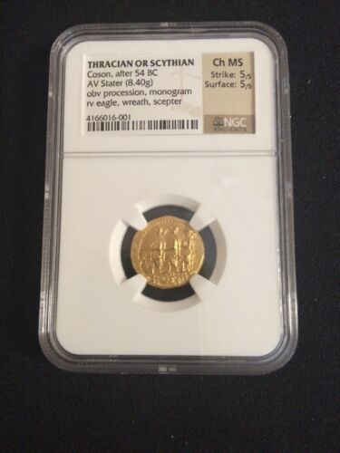 NGC GRADED MS ANCIENT THRACIAN SCYTHIAN COSON, AFT 54 BC, GOLD STATER 5/5, 5/5