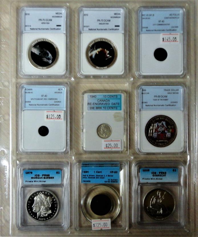 9 X Mixed lot of Canada, US and World Slabbed Coins in Album Slab Coin Holder.
