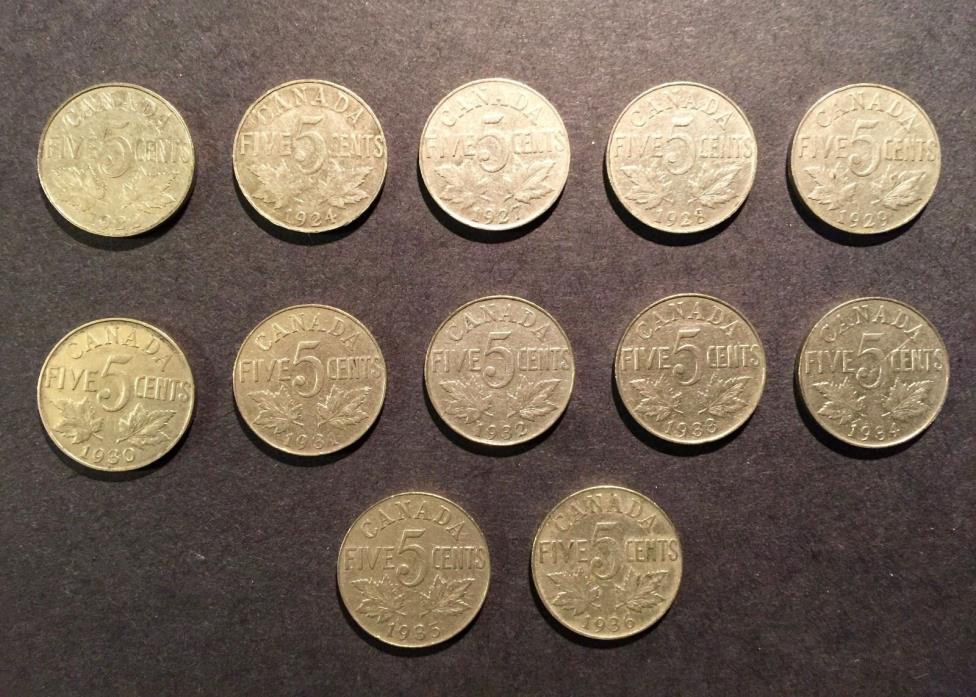 LOT OF 12 pcs CANADIAN NICKELS 5 cents 1922, 1924,1927-1936 GEORGE V Canada Gift