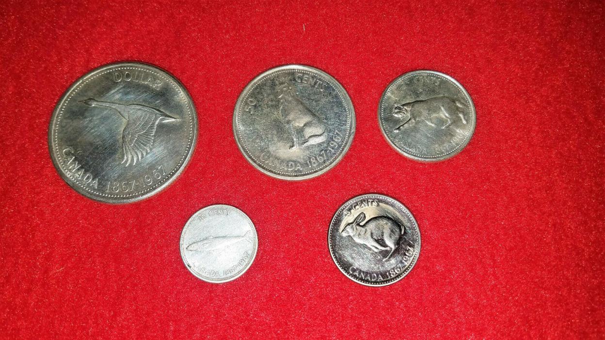1967 Canada Commemorative Silver Coins-Dollar, Half Dollar, Quarter, Dime Nickel
