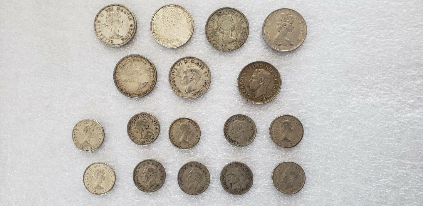 CANADIAN SILVER COIN LOT UNGRADED 7 QUARTERS 1939/44/56/56/62/65/68 + 10 DIMES