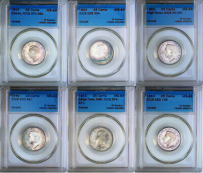 1943, 1944, 1949, 1952, 1953, 1962 Canada 25 Cents Album Toned ICCS CCCS