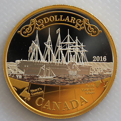 2016 CANADA 150th ANN OF TRANSATLANTIC CABLE PROOF SILVER DOLLAR GOLD PLATED