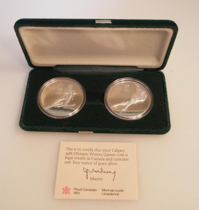Calgary 1988 Olympic TWO $20 Silver Proof Coins, Canada skiing/speed skating