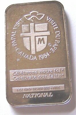 Pope John Paul ll Commemorative 1984 Papal Visit Canada .999 Fine 1oz Silver Bar