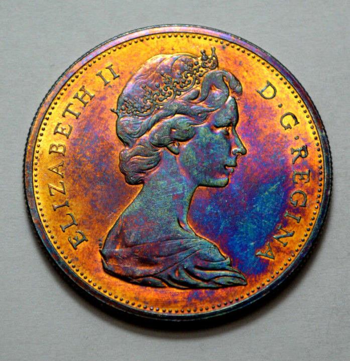 1965 PL Canada Silver $1.00 Dollar Rainbow Toned UNC/MS , SMALL BEADS POINTED 5!