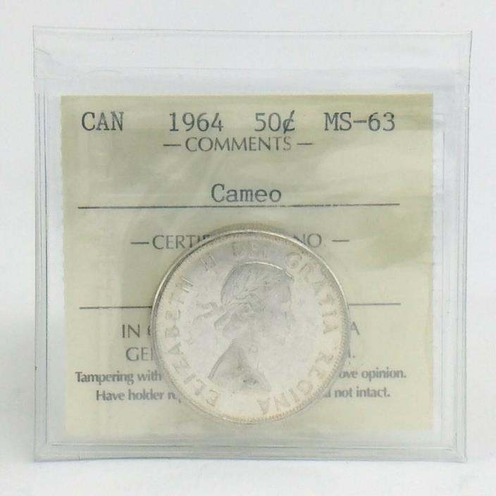 ICCS Graded Mint State 63 Canada 1964 Fifty 50 Cent Cameo Half Dollar Coin I884