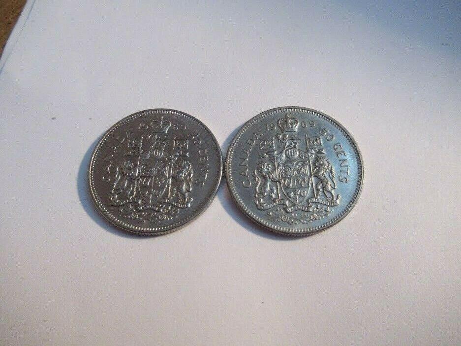 CANADA ELIZABETH 2  50 CENT COINS  TWO X 1969  VERY NICE COINS