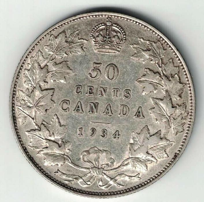 CANADA 1934 50 CENTS HALF DOLLAR KING GEORGE V .800 SILVER COIN CANADIAN