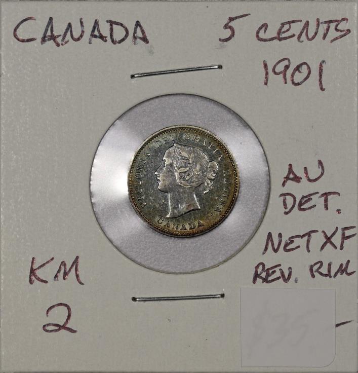 Canada 5 Cents 1901. AU details. Toned. KM 2