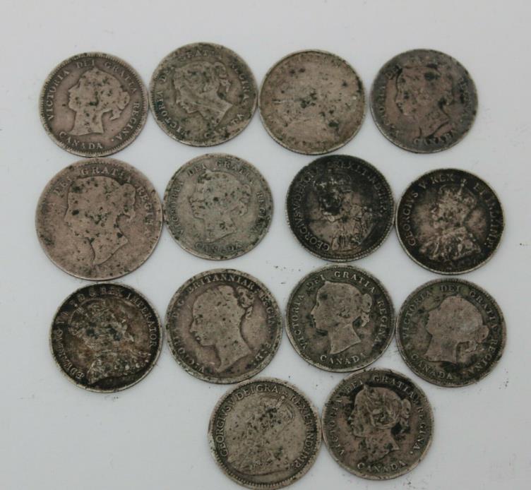 12 Canadian 92.5 Silver 5 Cents - Mixed Dates, 1 - 10 Cent, 1 - 1884 3 Pence
