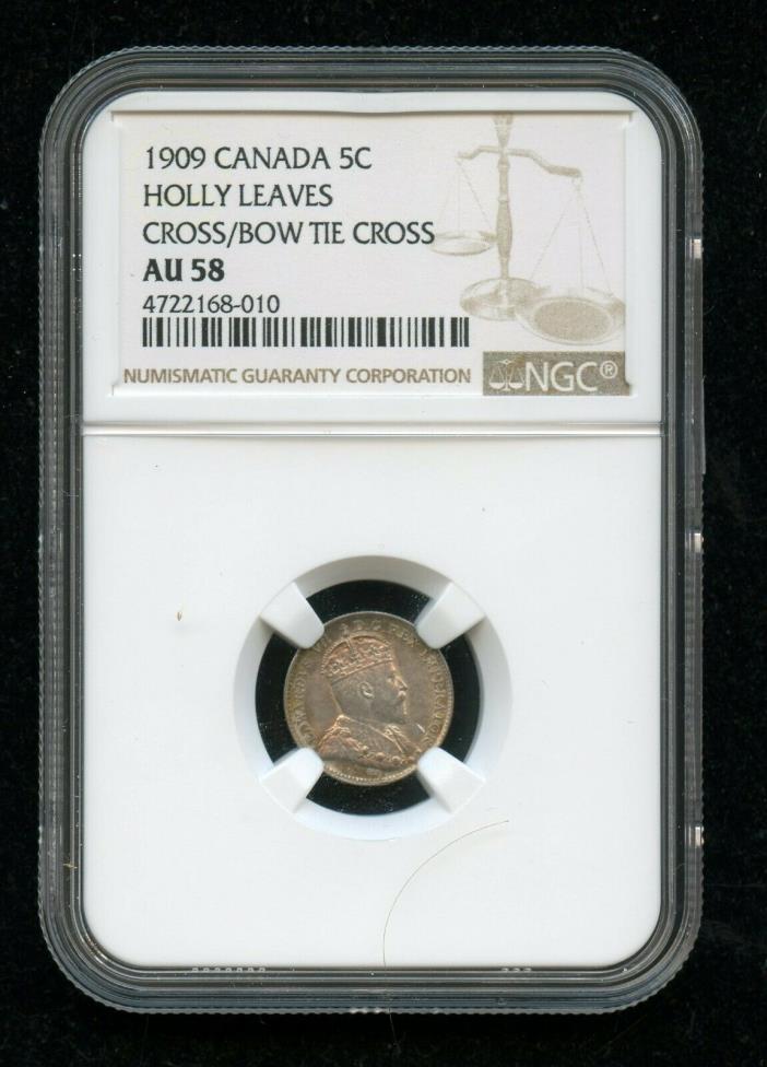 1909 Canada 5 Cents NGC AU58 Holly Leaves Cross/Bow Tie Cross