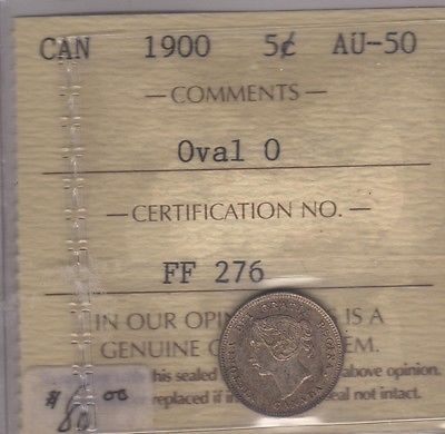 1900 Canada Silver Five Cents Cent Coin. ICCS AU-50