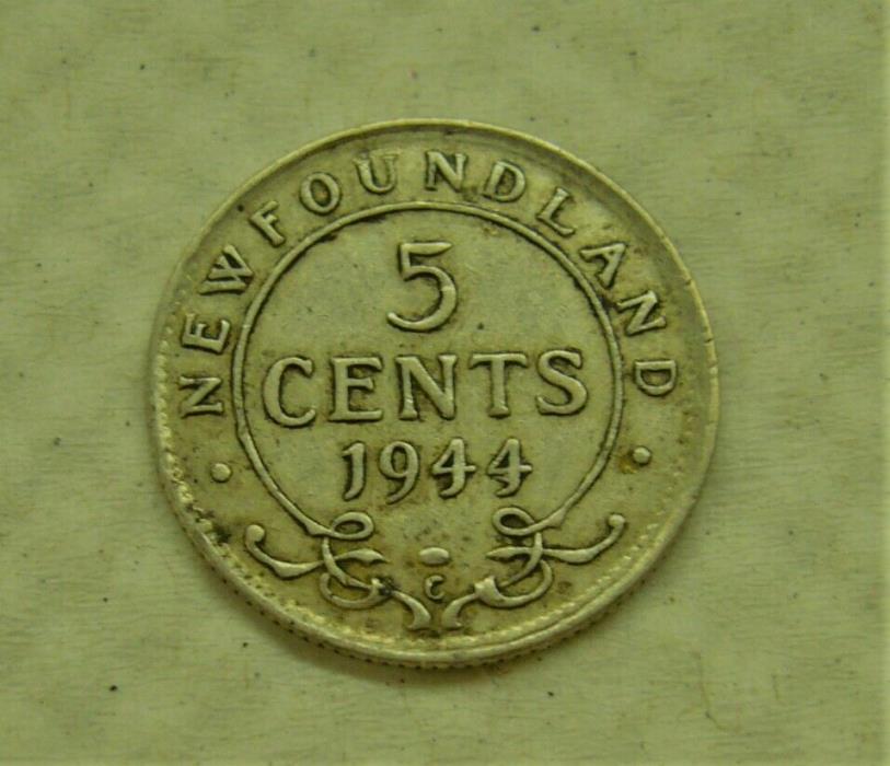 1944 Newfoundland STERLING SILVER 5 CENT Coin