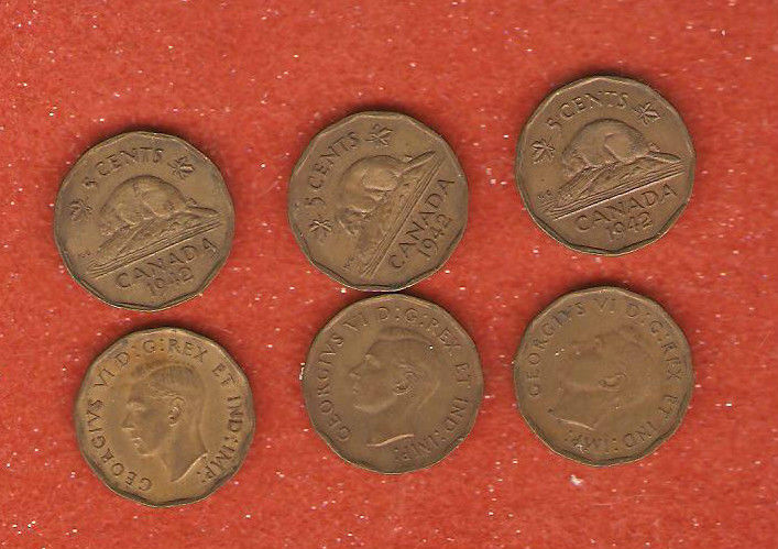 3 1942 canada tombac five cent coins (nice collectable coins) M70
