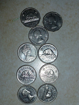Lot of 9 Canadian Nickels  1959 1962 1964 1968 1972 1973 1974 1987