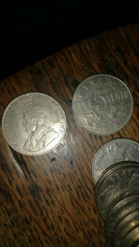 1922-1936 Canada King George V Nickel roll $2.00 face, 40 coins total