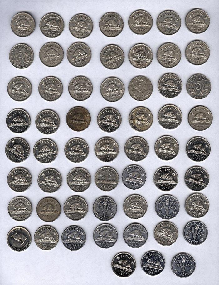 Lot of 59 Canada  5 cents assorted coins