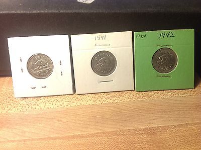 1940, 1941, 1942 Canada Nickels, 5 Cents, 3 Different Dates  Canadian