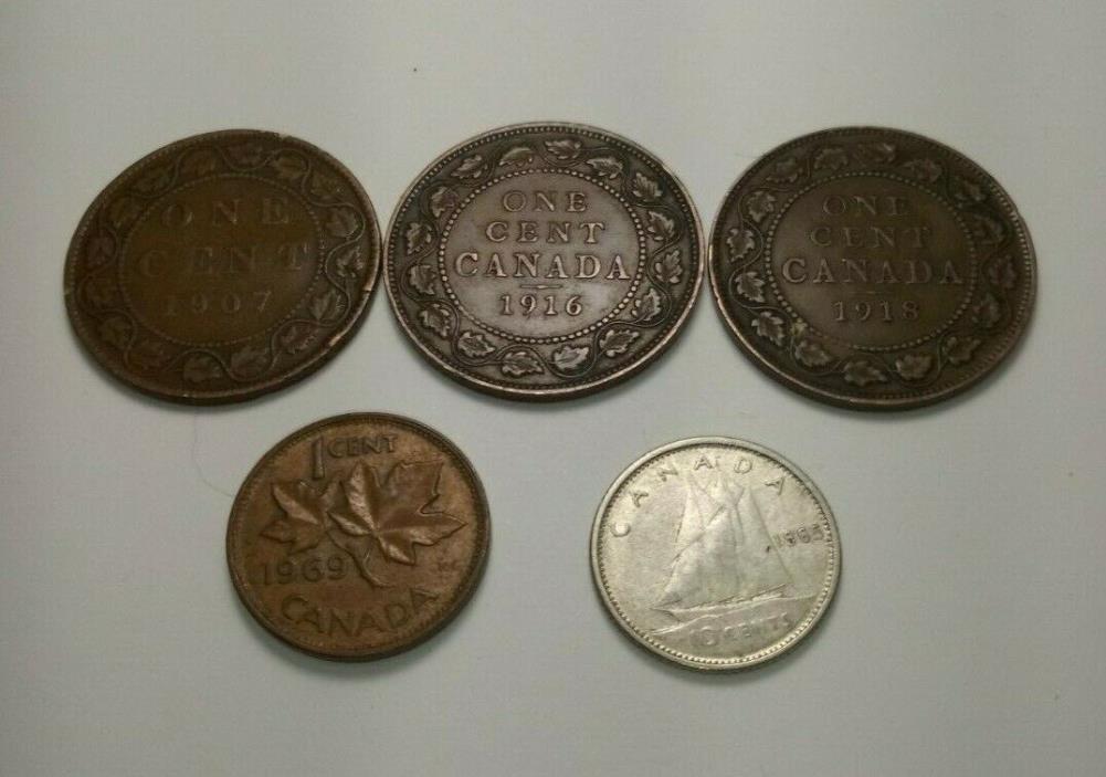 4 CANADA ONE CENT: 1907, 1916, 1918, 1969,  AND 10 Cents 1965