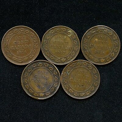 Canada 1916 1917 1918 1919 & 1920 Large 1 Cent Coins