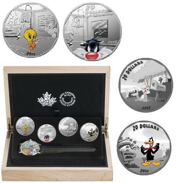2015 $20 Looney Tunes Pure Silver 4-Coin Set with Watch - New and Sealed!!