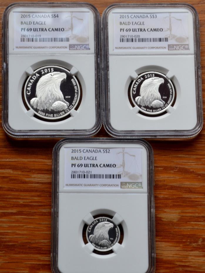 2015 Canada Silver $4.00, $3.00 and $2.00 Bald Eagle NGC PF69UC Set