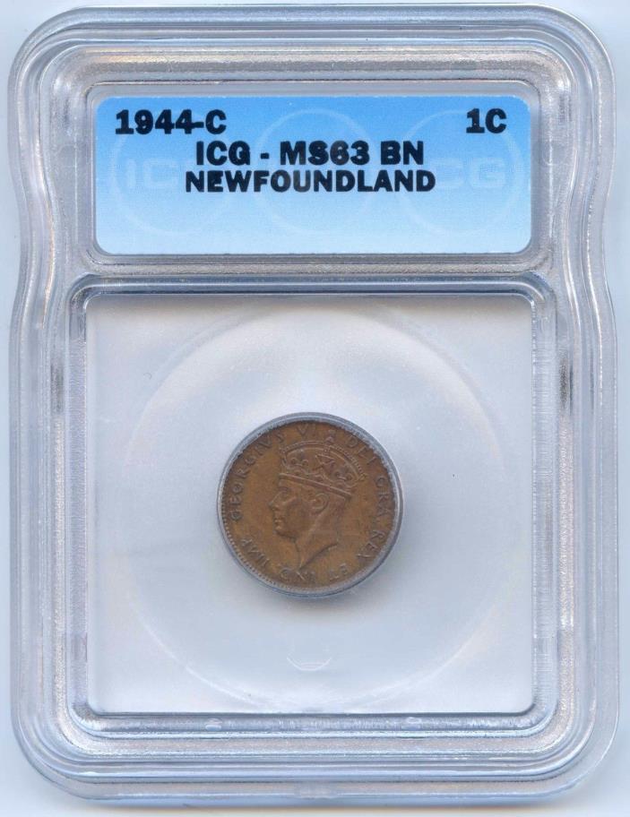 Very Rare High Grade 1944 C Newfoundland 1 Cent ICG Graded MS63 BN. Lot #2453