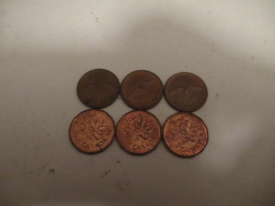 CANADA ONE CENT DOUBLE DATES 1867-1967  1867-1992  SIX NICE COINS