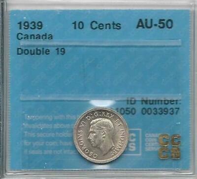 Canada 1939 Ten Cents *graded AU-50* Double 19