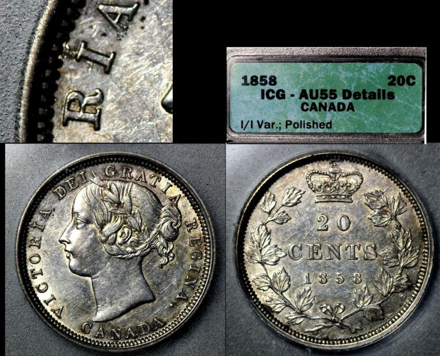 ELITE COLLECTION - CANADA 20 Cents 1858 Blundered I VICTORIA AU55 FINEST (h139)
