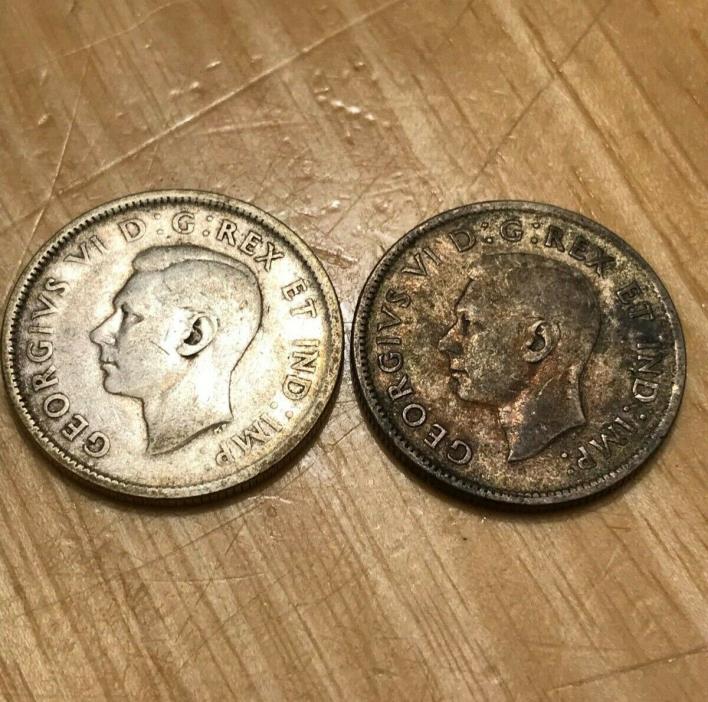1938 & 1944 Canada Silver 25 Cent Coins King George VI Circulated